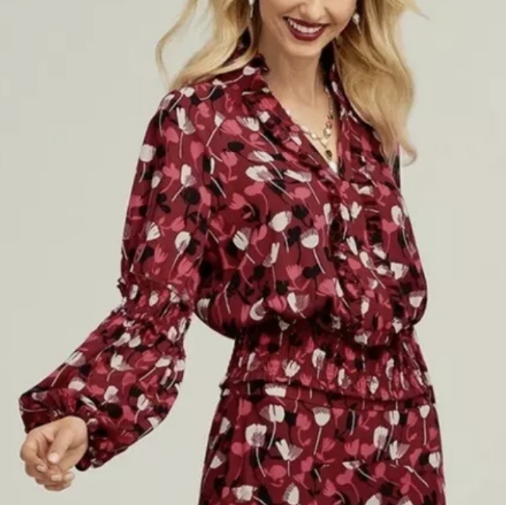 CAbi Corsage Floral Balloon Long Sleeve Blouse